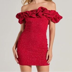 Ember Off-The-Shoulder Ruffle Glitter Party Dress
